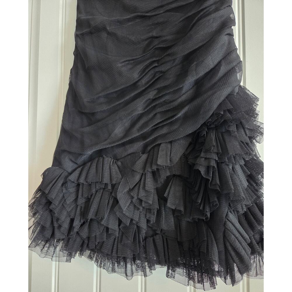 Adrianna Papell Black Mesh Ruched Strapless Tiered Ruffle Cocktail Dress Size 2